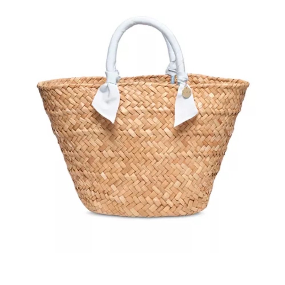 Kayu Natural Straw Tote with Blue Ribbon Handles